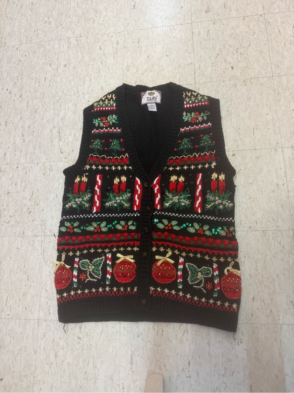 Tiara Black Knit Holiday Vest with Red & Green Embroidery